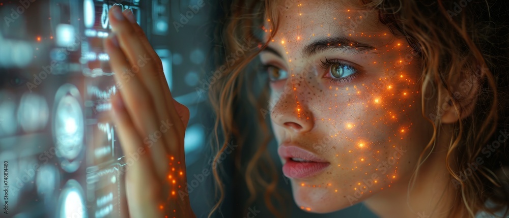 Poster In this picture, an AI robot woman works with a futuristic interface on a transparent computer screen. Artificial intelligence analyst data appears on a display on a computer. Female cyborg.