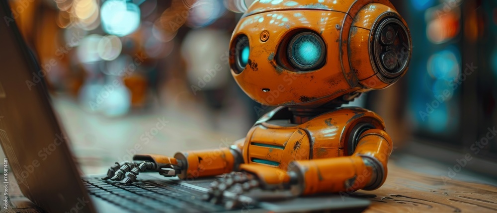 Leinwandbilder Robotic school for kids learning computer programming. Computer science, engineering, and engineering education of children. Laptop coding, electronic constructor programming, and technology