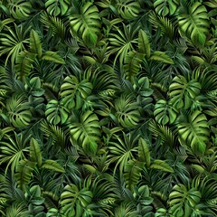 Dense, lush green tropical leaves in a seamless pattern