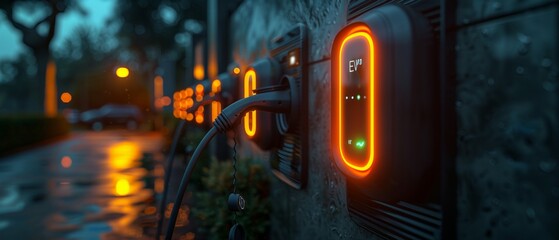The electric car is connected to a charging station. In the future, the electric car will allow charging from renewable energy sources. There will also be a hybrid vehicle. - obrazy, fototapety, plakaty