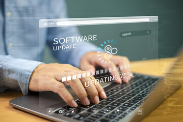 Update software system concept. Upgrade installation business app and software update process on computer laptop. User download install data function technology. Developer release new version security