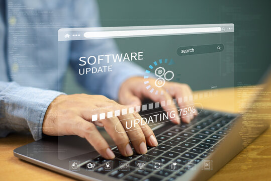 Update software system concept. Upgrade installation business app and software update process on computer laptop. User download install data function technology. Developer release new version security