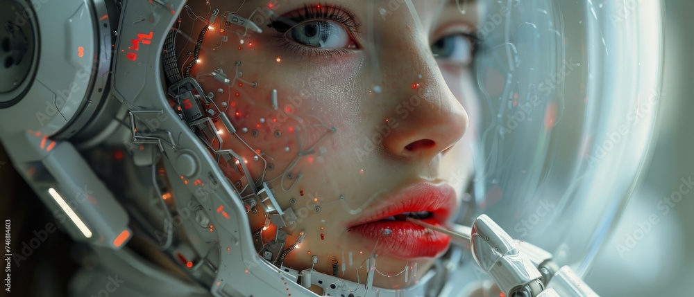 Poster she paints her lips with lipstick, does makeup with a robotic wig. the robot hides itself as a human