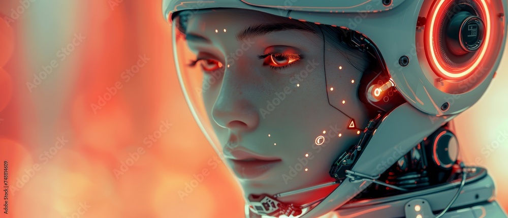 Poster The image depicts a robot woman with an internet chat bot talking to a customer on a mobile phone. Clicking on a speech bubble displays an artificial intelligence female cyborg interacting with the