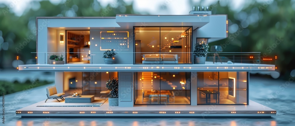 Poster 3D blueprint plan of smart home with icons for the Internet of Things. Conception banner for smart home. Internet of Things in smart home technology. Remote control of domestic appliances with the