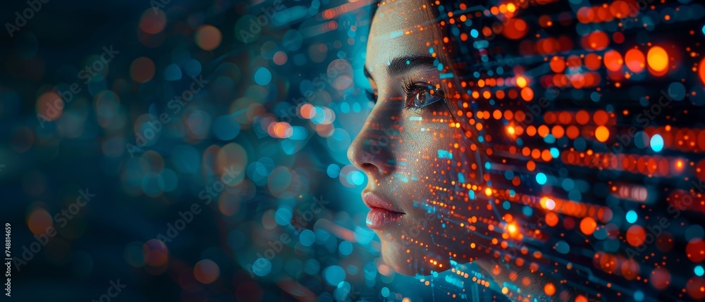 Leinwandbilder This image depicts a cybernetic anthropomorphic woman working on a virtual interface with matrix data. It also depicts what might be the face or head of artificial intelligence with its mind looking