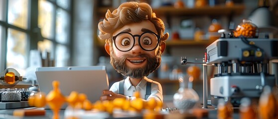 Isolated cartoon Clever engineer teaching computer modelling and 3D printing. Tech geek guy working in workshop with 3D printer.