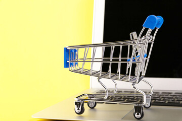 Empty mini shopping trolley, Shopping cart, on a yellow background. RFI Request for information....
