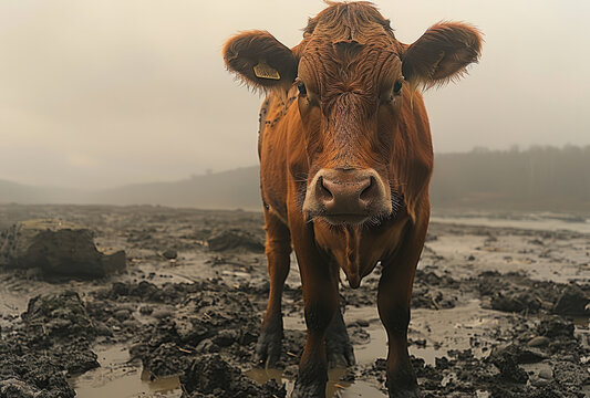Brown cow stands in muddy field on foggy day