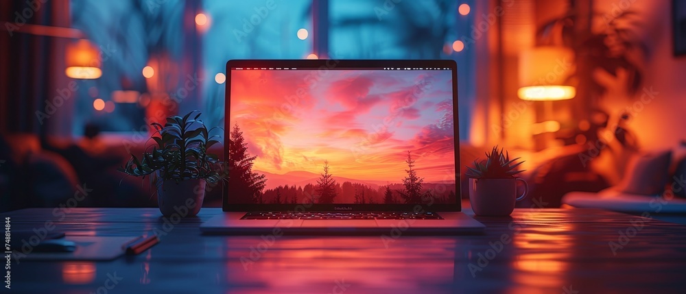 Leinwandbilder The mockup features a blank screen on a desk against a background of furniture. It's a vector open laptop front view. The photo is a photo of a gaming laptop on a desk against a background of