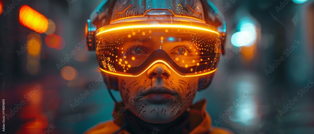 Aufkleber A man wearing a VR AR 3D futuristic headset in a virtual reality simulation in a cyberpunk style suit representing the metaverse. A video game player is in cyberspace, playing a video game while