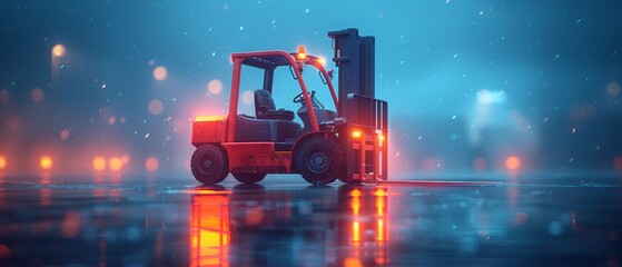 Automated logistic service, digital warehouse, forklift technology, electric cargo machine, package delivery, AI industry equipment, factory transport. Polygonal illustration on blue background...