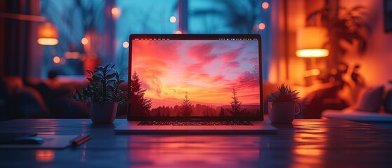 The mockup features a blank screen on a desk against a background of furniture. It's a vector open laptop front view. The photo is a photo of a gaming laptop on a desk against a background of - obrazy, fototapety, plakaty