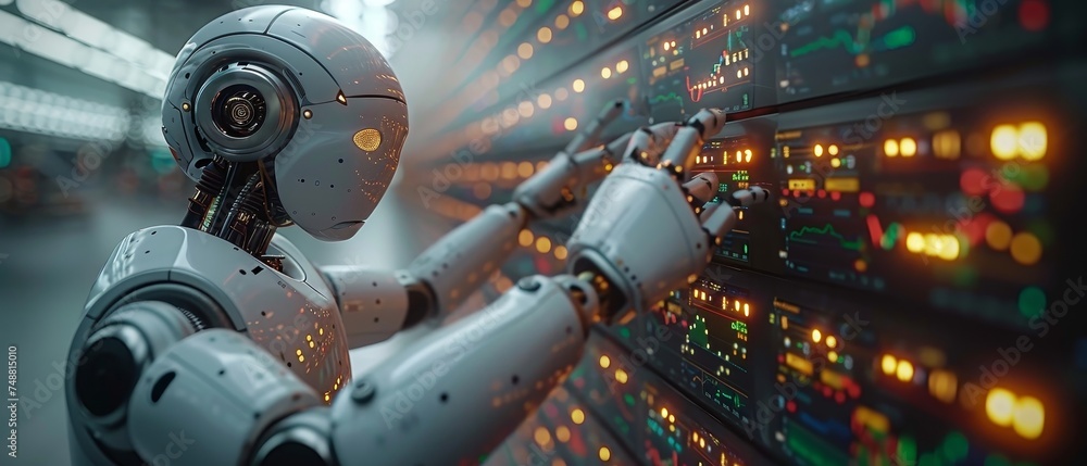 Poster in the financial business sector, artificial intelligence helps traders analyze data on the stock ex