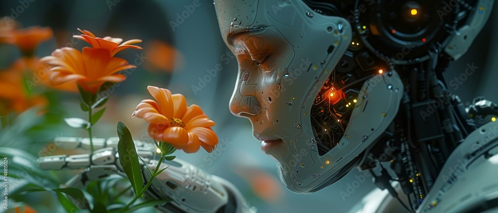 Poster AI face. Artificial intelligence in a humanoid head holds an artificial robotic flower. Sci-fi future concept. Computer neural networks learn to analyze the world. AI with digital brains. Industry 4.