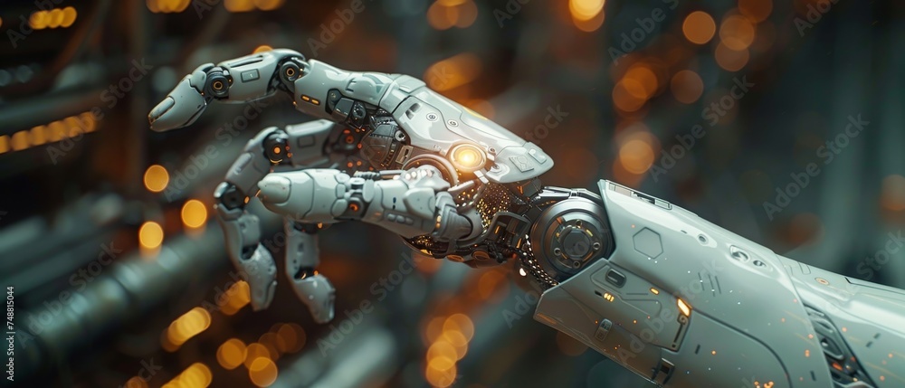 Poster A robot mechanical arm presses a button on a touch screen, activated by an artificial intelligence holographic interface. A 3D rendering shows a holographic interface on a screen as the robot's index