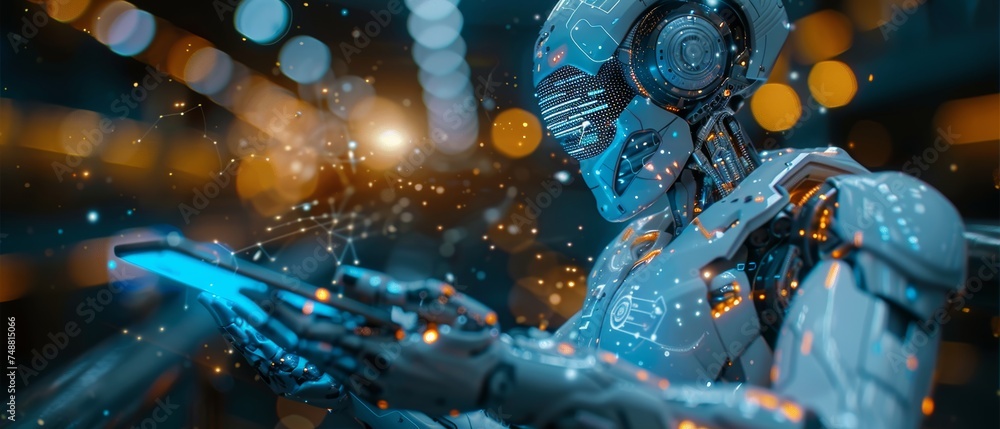 Leinwandbilder AI robot looking at logo AI hanging over phone in hand. Conceptual AI technology vertical banner. Futuristic digital tech of data processing. Robot or cyborg analysing big data.