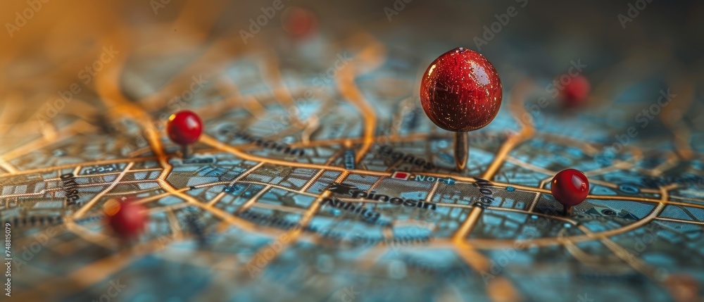 Poster this is an abstract pin icon on a city map with five smaller pins. this is a delivery icon for trans