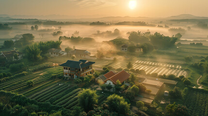 Naklejka premium Aerial photograph rural landscape farms villages picturesque green patchwork pasture. aerial view of a village, Aerial photograph rural landscape farms villages picturesque green patchwork pasture.