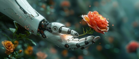  Valentine's Day card with robotic flower in hand. Computer technology style with artificial intelligence. Artificial robotic flower. AI electronic flower. Hand gives Valentine's Day card with - obrazy, fototapety, plakaty