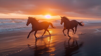  two horses running along the coastline