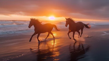 Fotobehang  two horses running along the coastline © KhaizanGraphic