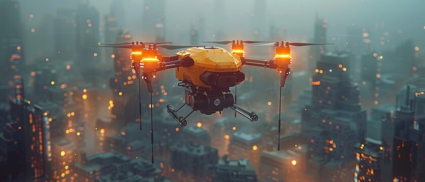 In this illustration of a drone in a cityscape with pins, we see a futuristic box delivery concept, aerial technology, city drones, logistic innovation, urban food service, and quadcopter technology.