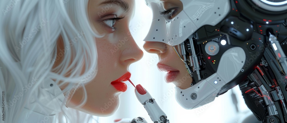 Poster a beautiful robot woman with artificial intelligence in her wig paints her lips with lipstick and do