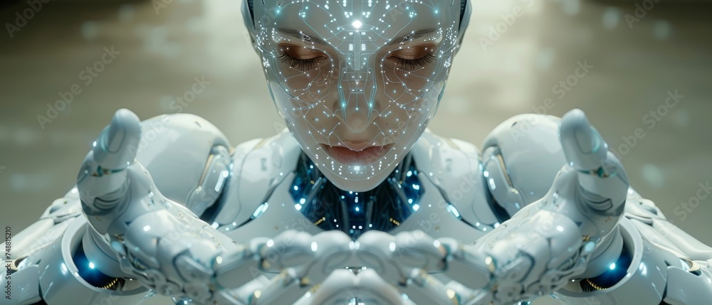 Fototapete Embedded AI in visual interface of female robot. Image of the goddess Kali. Robot woman with four arms. AI neural network analyzes data.