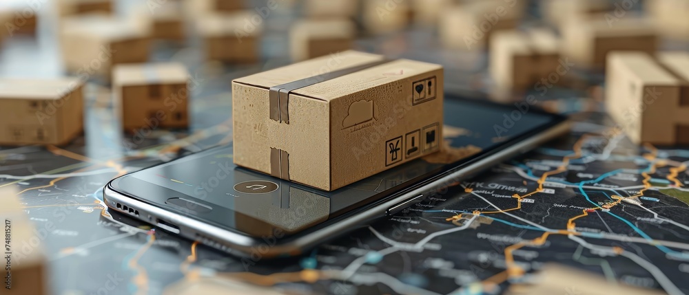 Fototapete tracking an online delivery in a mobile app. show the courier's location on a map. gps tracking box 