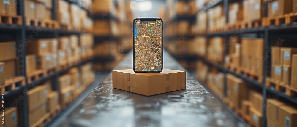 Poster an online logistics concept shows tracking delivery of an order in an app on your phone. it shows lo