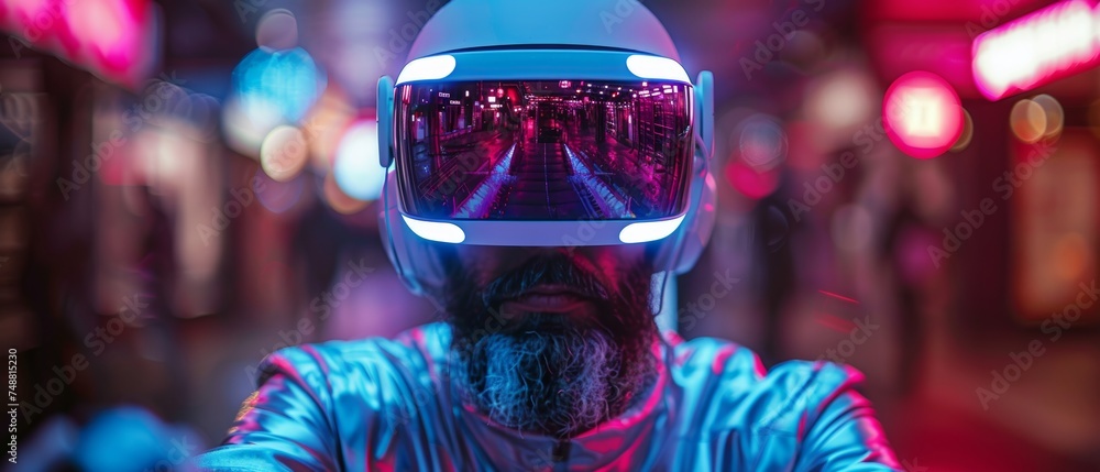 Poster using holographic interface of vr or ar simulation, an individual wears a vr headset or 3d glasses, 