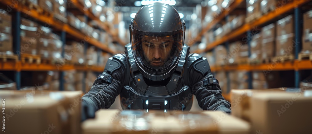 Aufkleber engineers wearing futuristic bionic exoskeletons are picking up boxes in factories. robotic exosuits