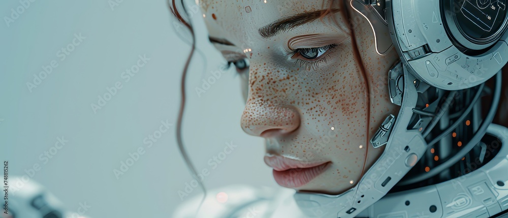 Poster The image shows a robot head with artificial intelligence chatting with a user through messaging on a screen phone. Mobile online AI chatbot texting via messenger. Abstract face of internet chatbot on