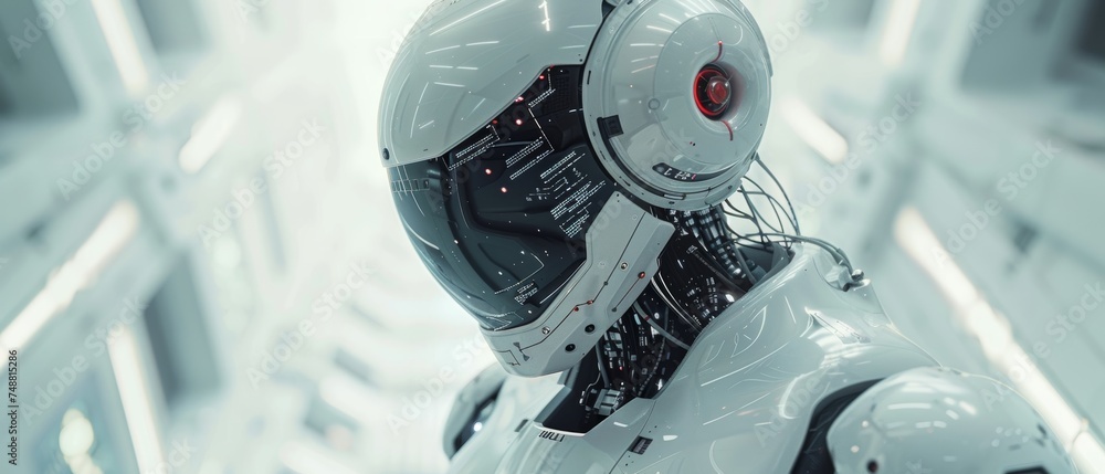Poster Cyborg or robot programming artificial intelligence. Industrial Revolution AI. Deep Machine Learning. Back view. Neural network, humanoid robot. 3D rendering.