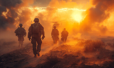 Soldiers are walking in the desert at sunset. American soldiers walk in front of a helicopter against the backdrop of the desert
