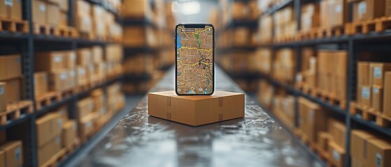 An online logistics concept shows tracking delivery of an order in an app on your phone. It shows location of the courier on a map on your phone's display. A shipping box is displayed with the - obrazy, fototapety, plakaty