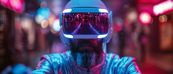 Using holographic interface of VR or AR simulation, an individual wears a VR headset or 3D glasses, looks at it and interacts with it. The individual is playing video games in VR space, holding the
