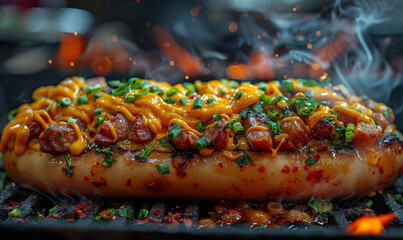 Delicious hot dog with cheese and chili on grill