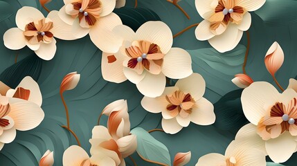 3d orchid floral flowers seamless repeat pattern, floral pattern, flower paper art, in the style of light peach and dark teal polish folklore motifs, detailed foliage