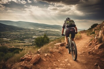 Young man riding bycicle on a mountrain trail landscape