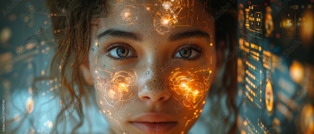 Fototapete In this image robot woman is using a futuristic interface on a transparent computer touch screen to analyze data. This is an image of a female cyborg operating on artificial neural networks.