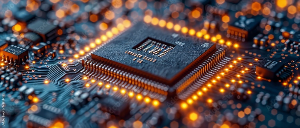 Aufkleber An abstract digital chip computer processor and electronic components mounted on the motherboard or circuit board. Microchips and processors, hardware engineering. Artificial intelligence.