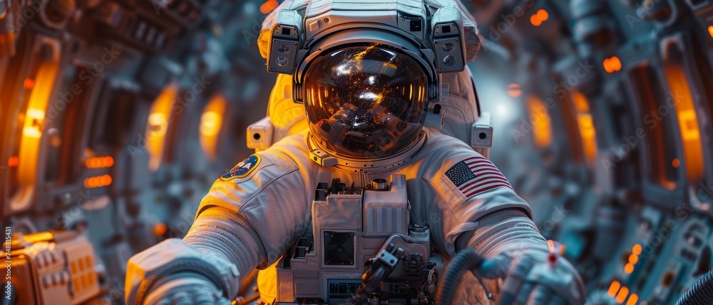 Poster female astronauts in spacesuits hovering in weightlessness inside spaceships against a sky of portho