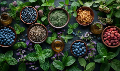 Various fresh herbs and berries with bowls of spices and olive oil on dark background - obrazy, fototapety, plakaty
