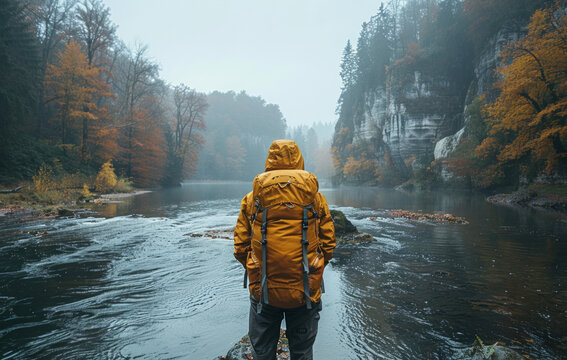 Hiker standing in the middle of the river in autumn forest