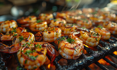 Grilled shrimps on the flaming grill