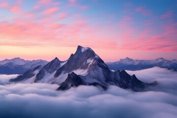 Fototapeta na wymiar majestic mountain peak rising above a sea of clouds, bathed in the soft hues of dawn or dusk. The central focus is on a prominent mountain peak that stands tall amidst surrounding peaks