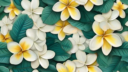 Fotobehang 3d plumeria floral flowers seamless repeat pattern, floral pattern, flower paper art, natural colors, detailed foliage. © DYNECREATIVE