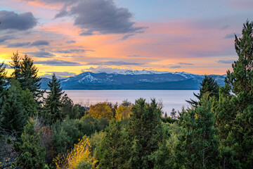 Fototapeta na wymiar Sunset Over Patagonian Lake with Mountain Range